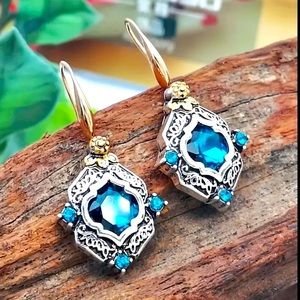 B🔷️  Round Cut London Blue Topaz Drop Dangle Earrings Two Tone Gold Plated